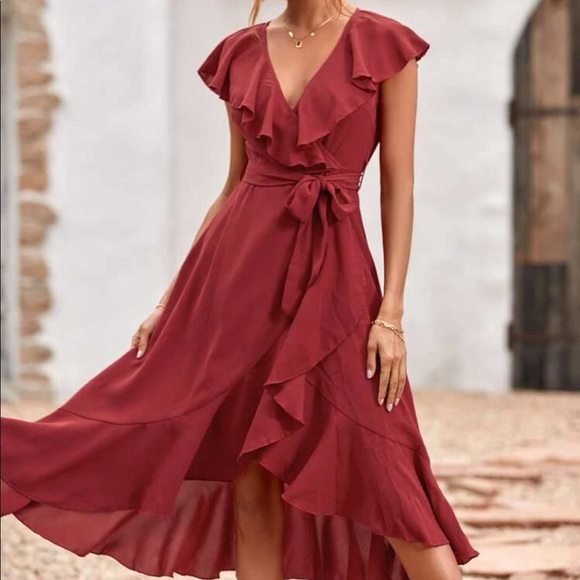 Boho burgundy butterfly sleeve blue ruffle hem belted wrap dress - Picture 7 of 16